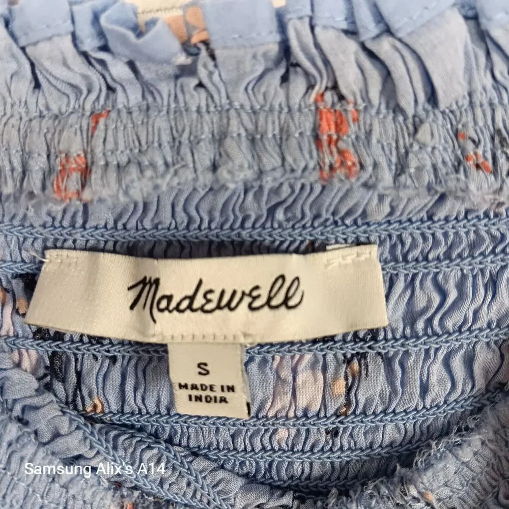 MADEWELL Top Womens S Floral Smocked Cropped‎ Puff Sleeve  Cotton  Blue